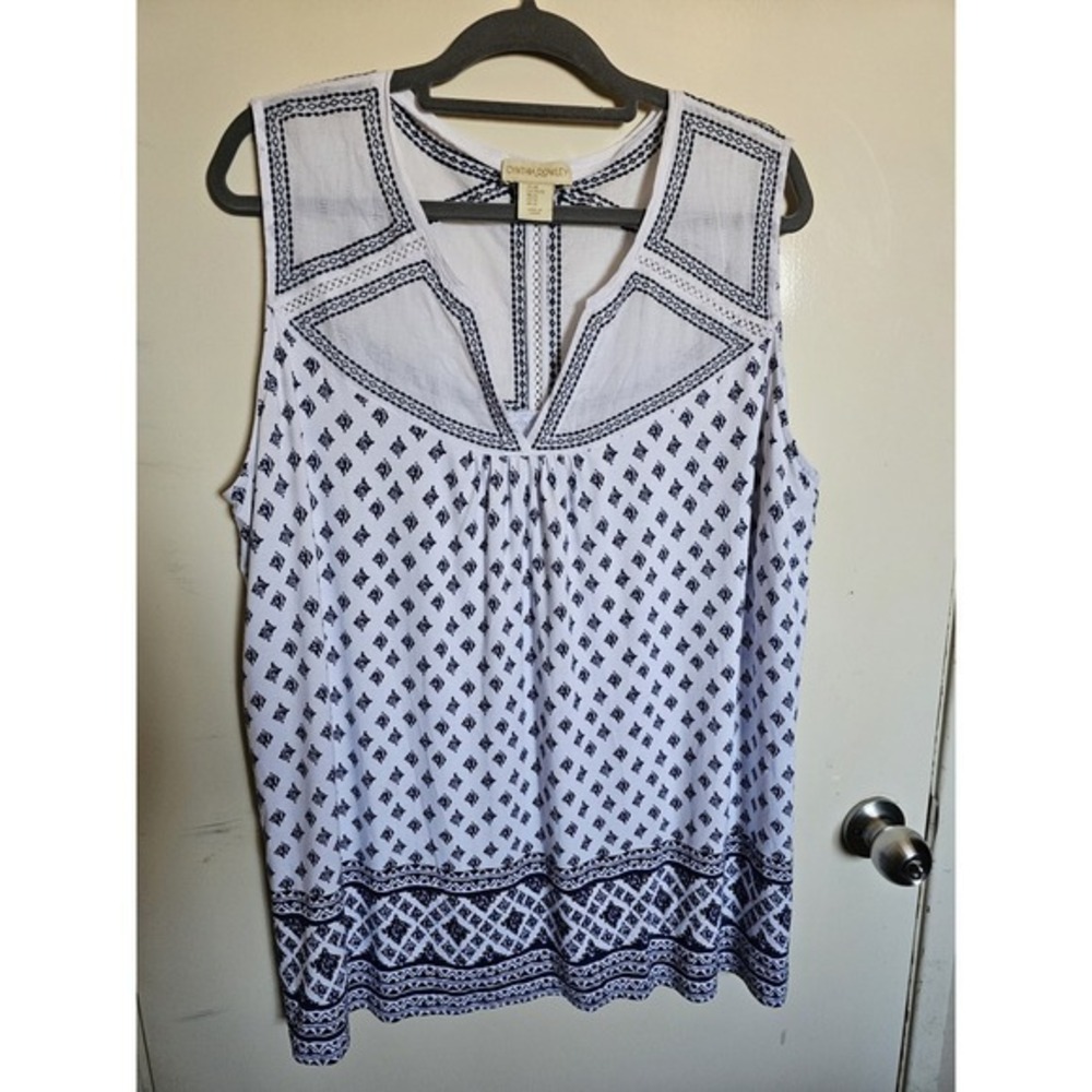 Cynthia Rowley Women White/Navy Sleeveless Adorable Boho Top Plus‎ Size 2X